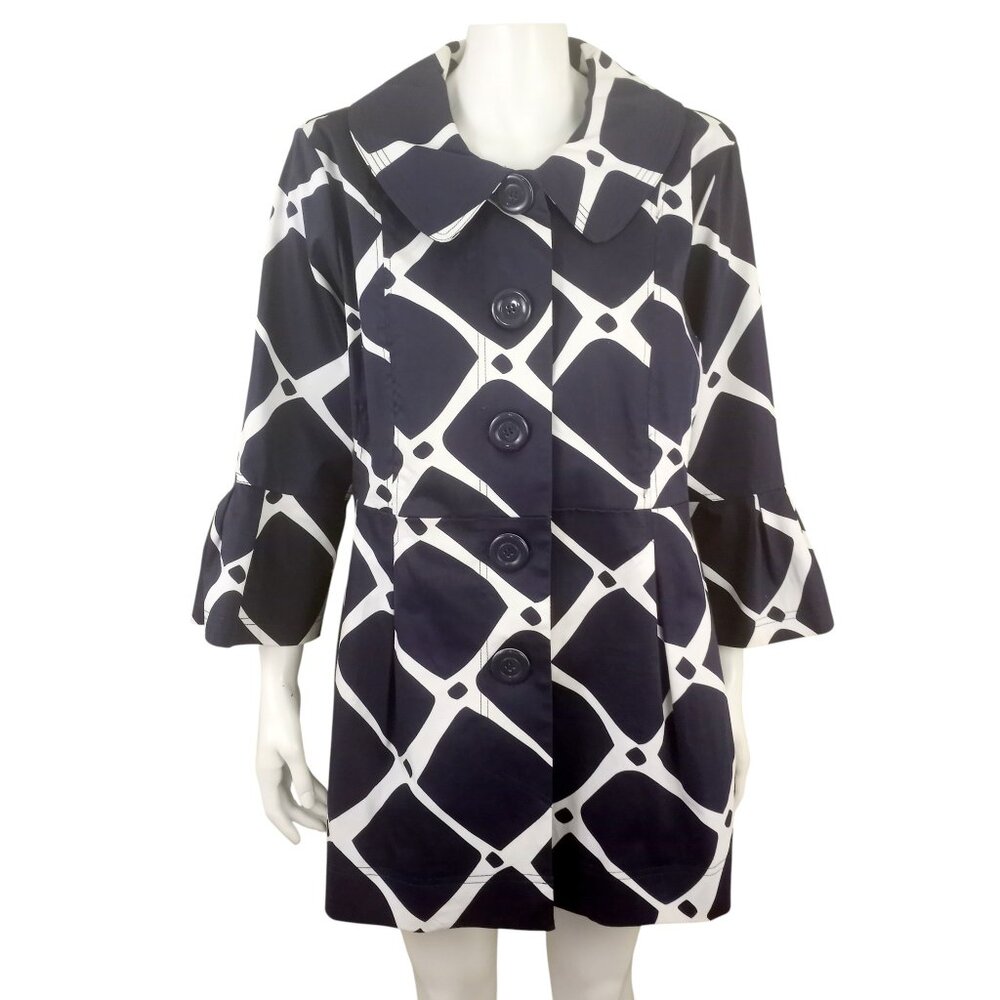 Eden Court Navy Blue White Lattice Print Flare Sleeve Coat Jacket XL